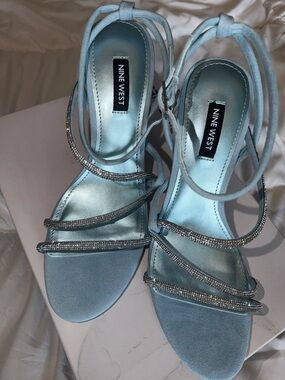 Nine West Light Blue Strappy Rhinestone and Suede Heels